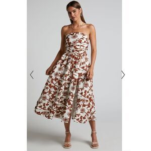 Showpo Evita Floral Midi Dress Ruched High Split Strapless NEW Size 14